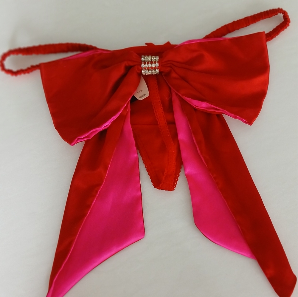 Victoria's Secret Red and Hot Pink Satin Bow Thong